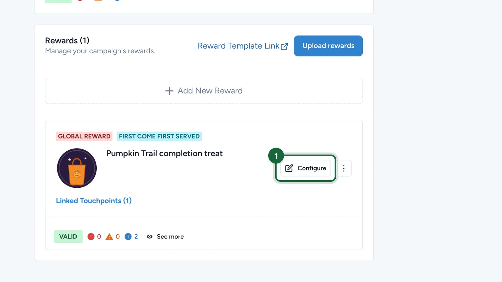 Rewards list with the Configure button of the Pumpkin Trail completion treat highlighted