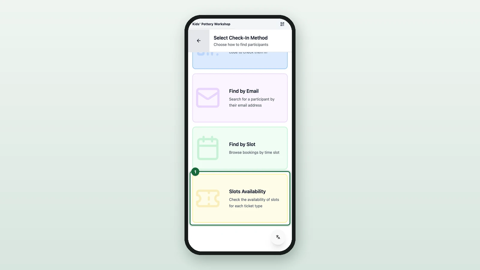 Select Check-In Method with Slots Availability highlighted on a phone