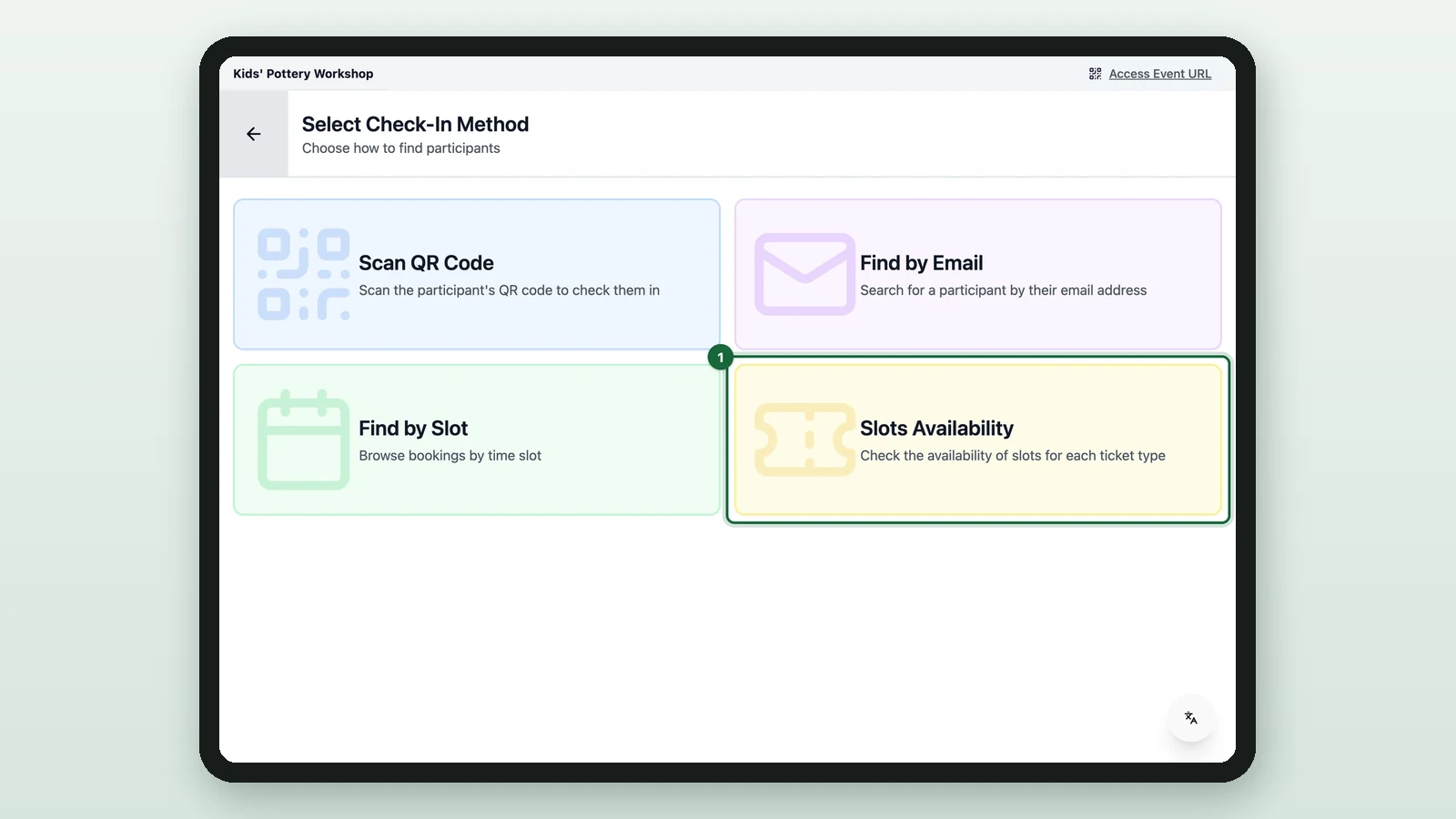 Select Check-In Method with Slots Availability highlighted on a tablet