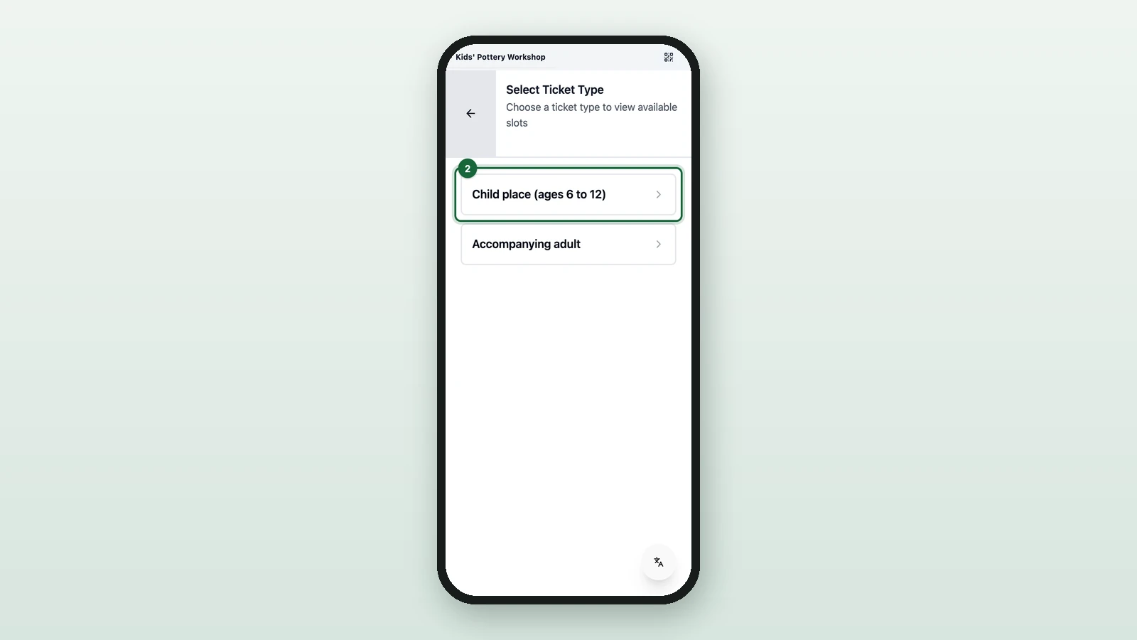 Select Ticket Type with Child place (ages 6 to 12) highlighted on a phone