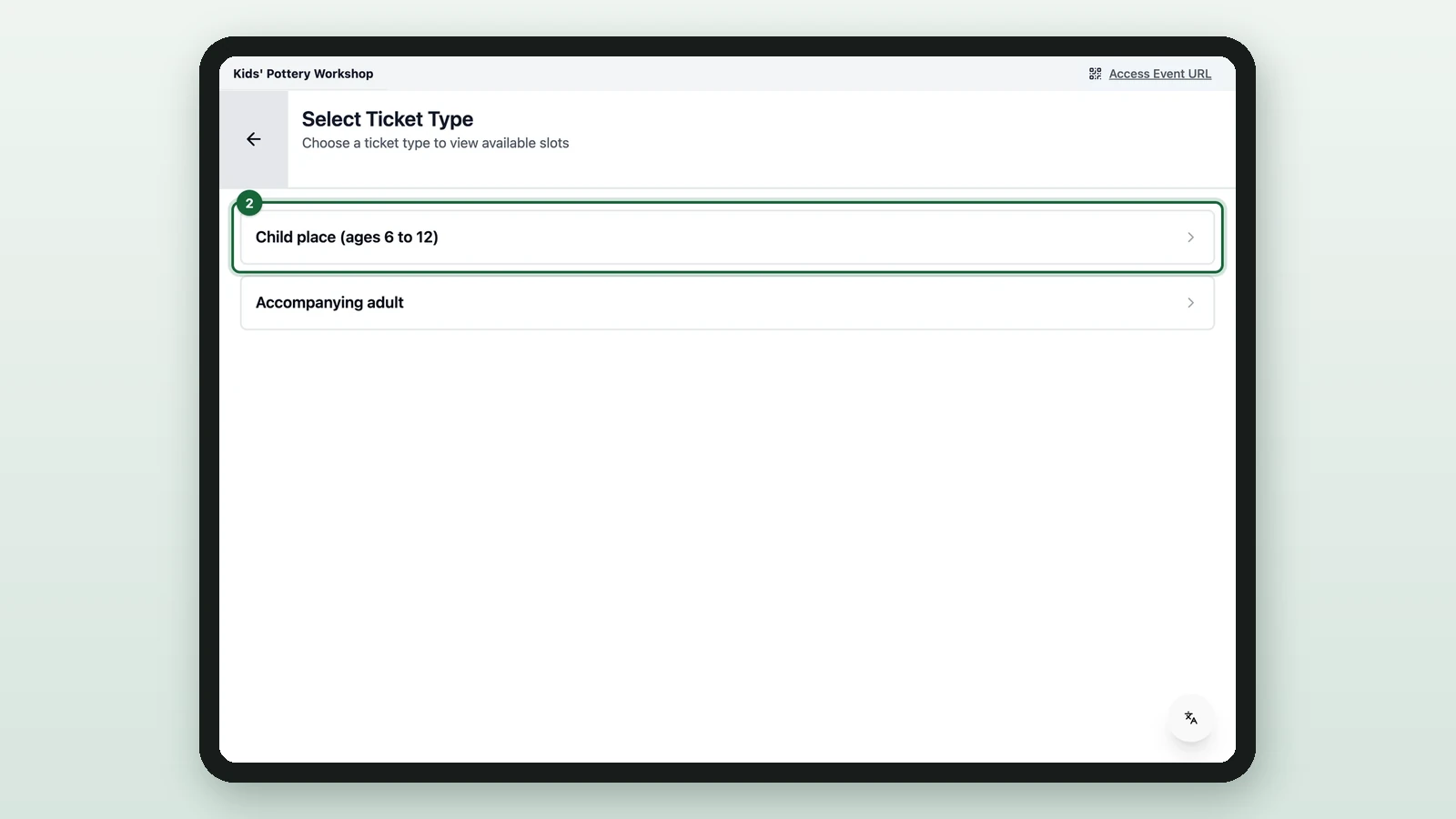 Select Ticket Type with Child place (ages 6 to 12) highlighted on a tablet