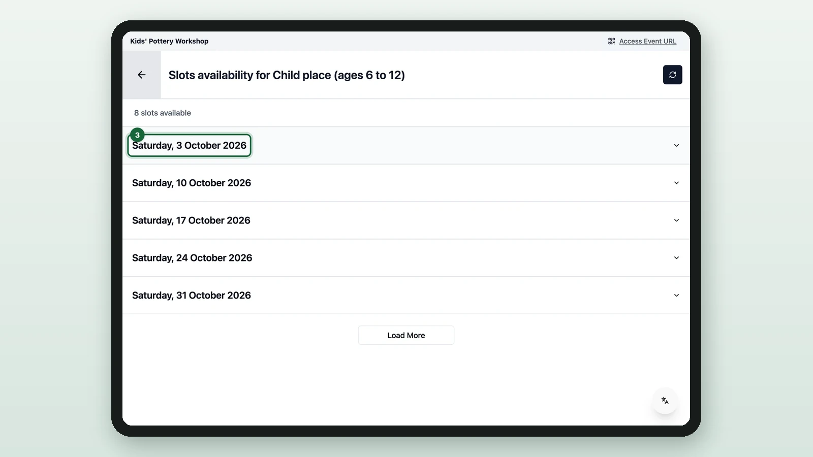 Slots availability with Saturday, 3 October 2026 highlighted on a tablet