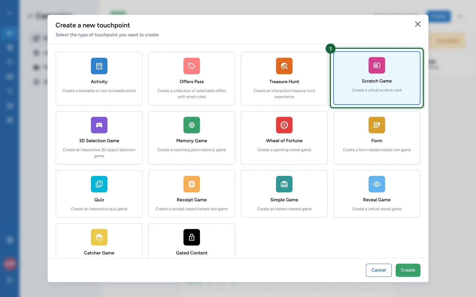 Create a new touchpoint window with the Scratch Game tile highlighted