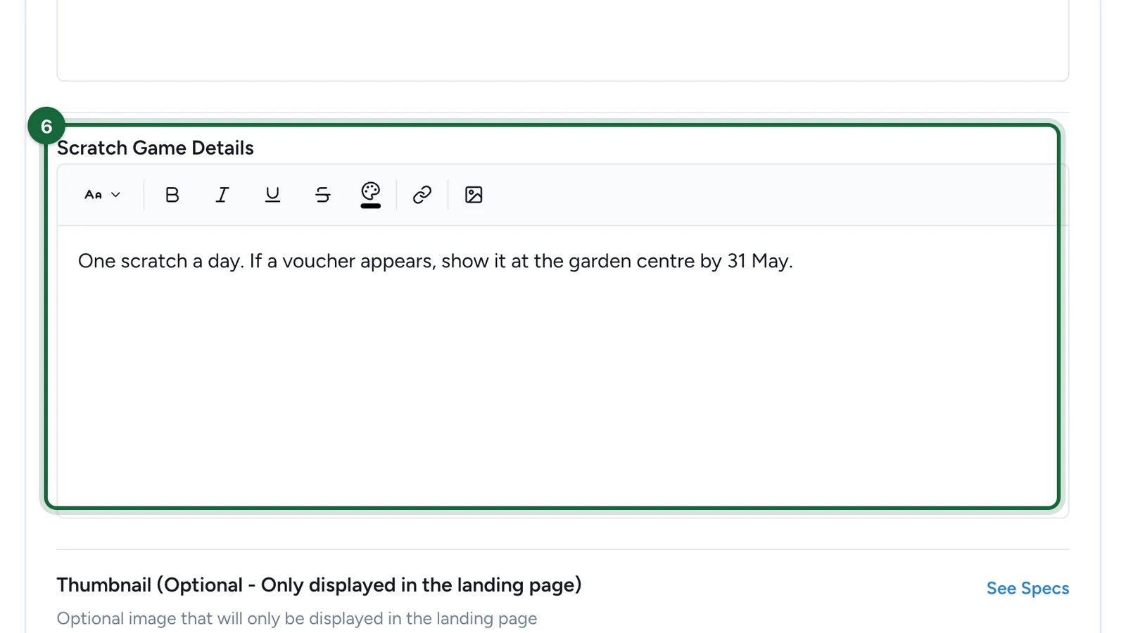 Scratch Game Details explaining one scratch a day and the garden centre, highlighted