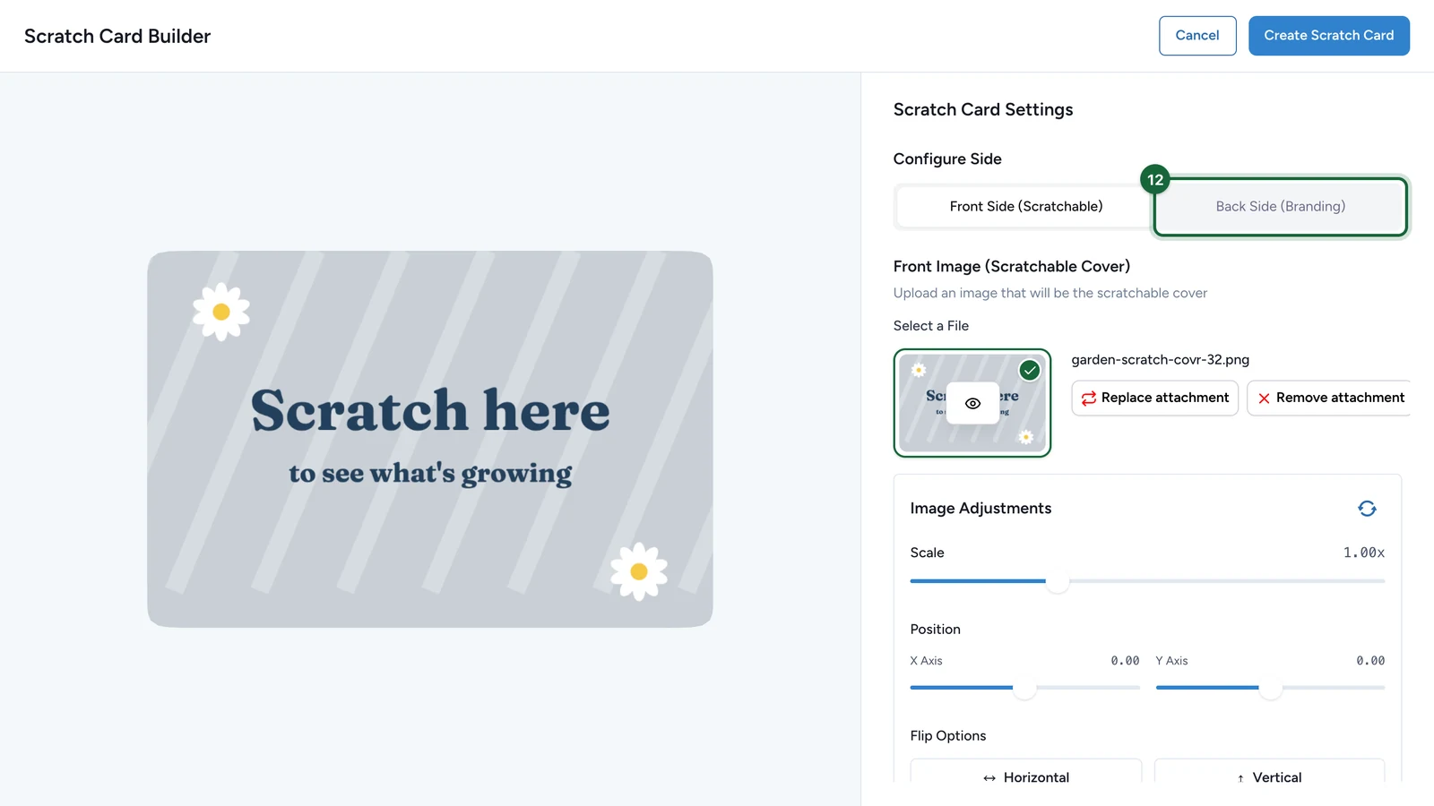 Scratch Card Builder showing the cover, with the Back Side (Branding) tab highlighted
