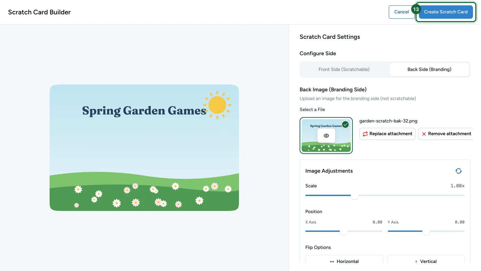 Scratch Card Builder with the branding side chosen and Create Scratch Card highlighted
