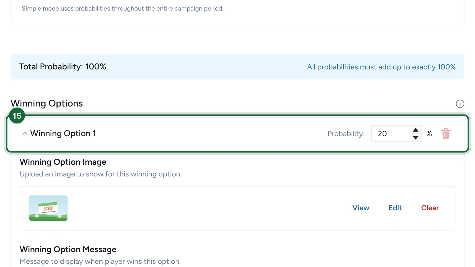 Winning Option 1 with a probability of 20%, highlighted
