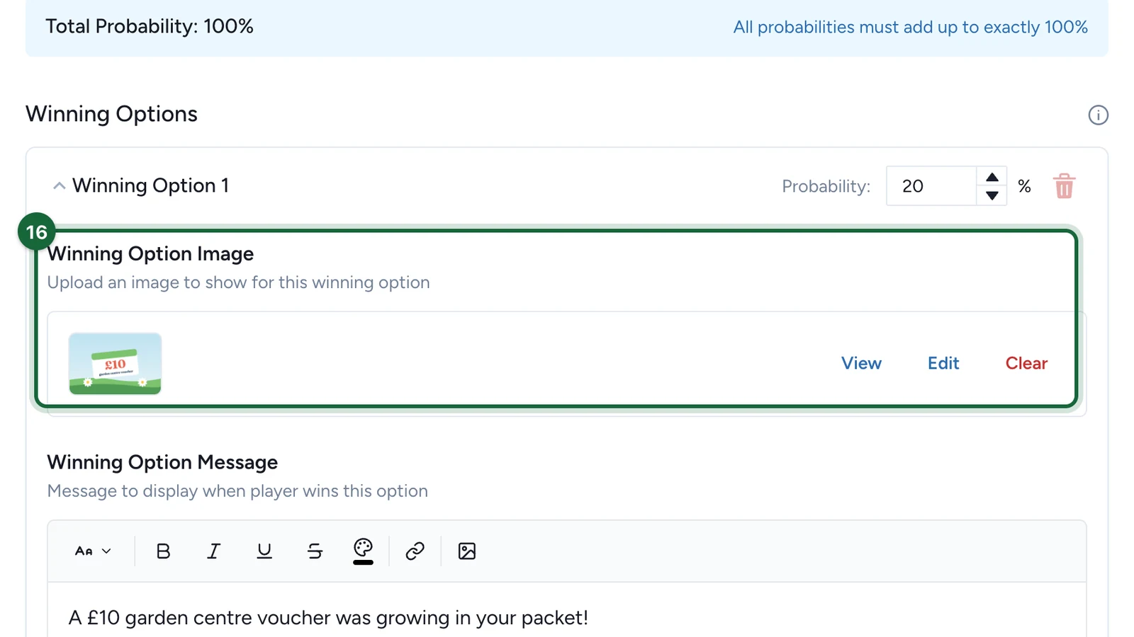 Winning Option Image with the £10 voucher picture, highlighted