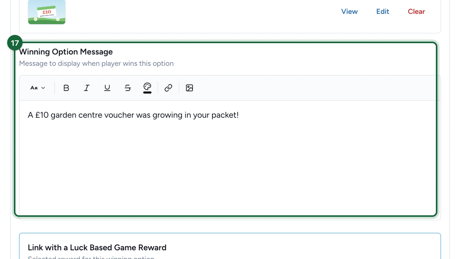 Winning Option Message about the voucher growing in the packet, highlighted