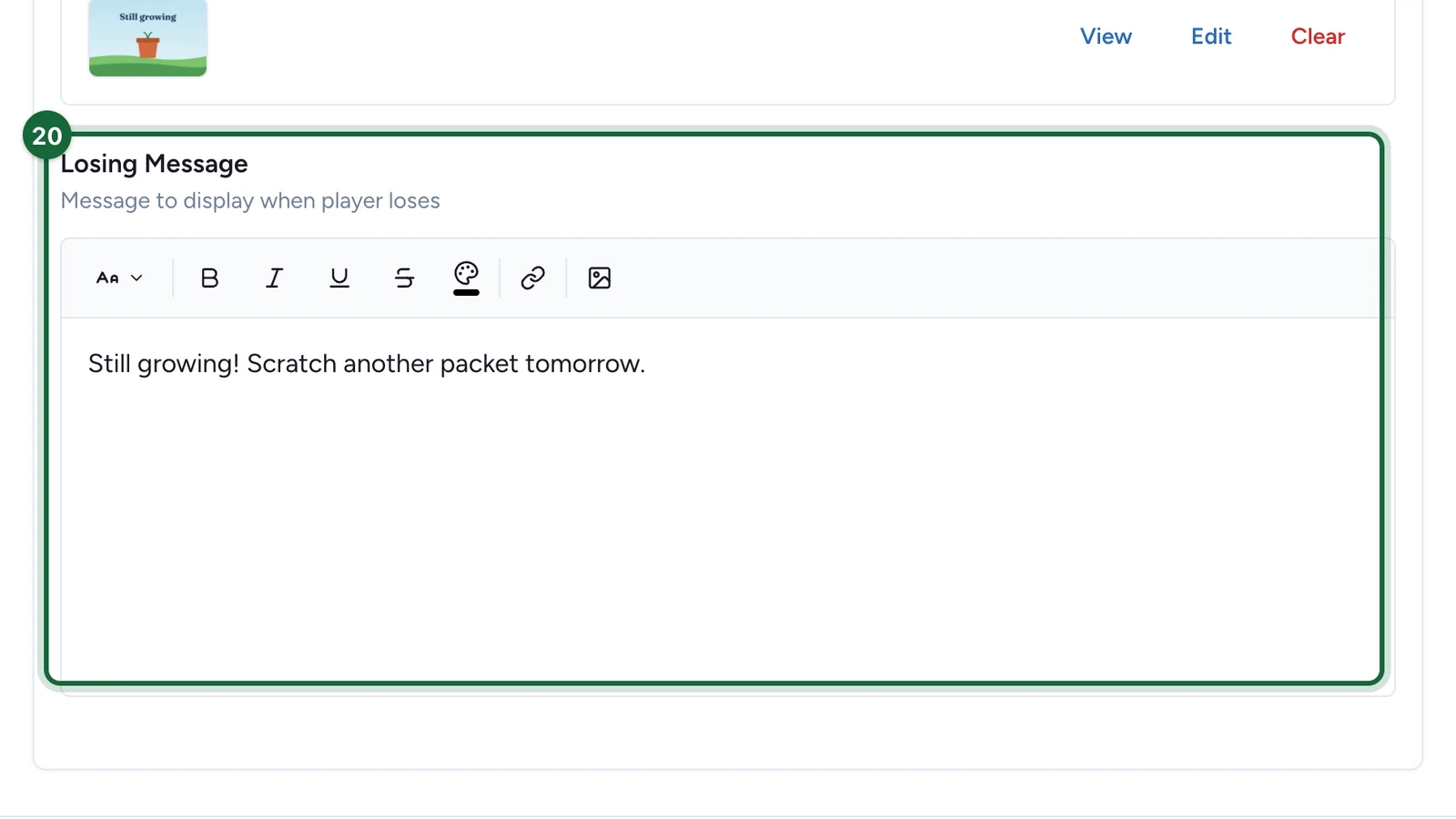 Losing Message reading Still growing! Scratch another packet tomorrow, highlighted