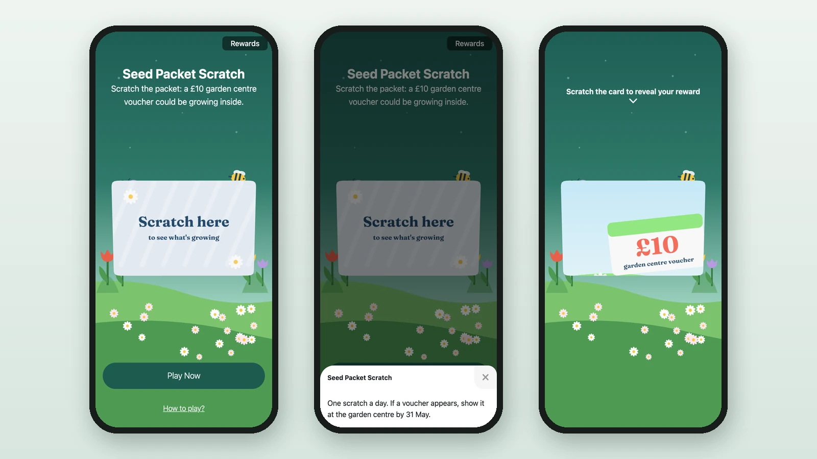 The Seed Packet Scratch on three phones: the card, How to play? with the game details, and a scratched card showing the £10 voucher
