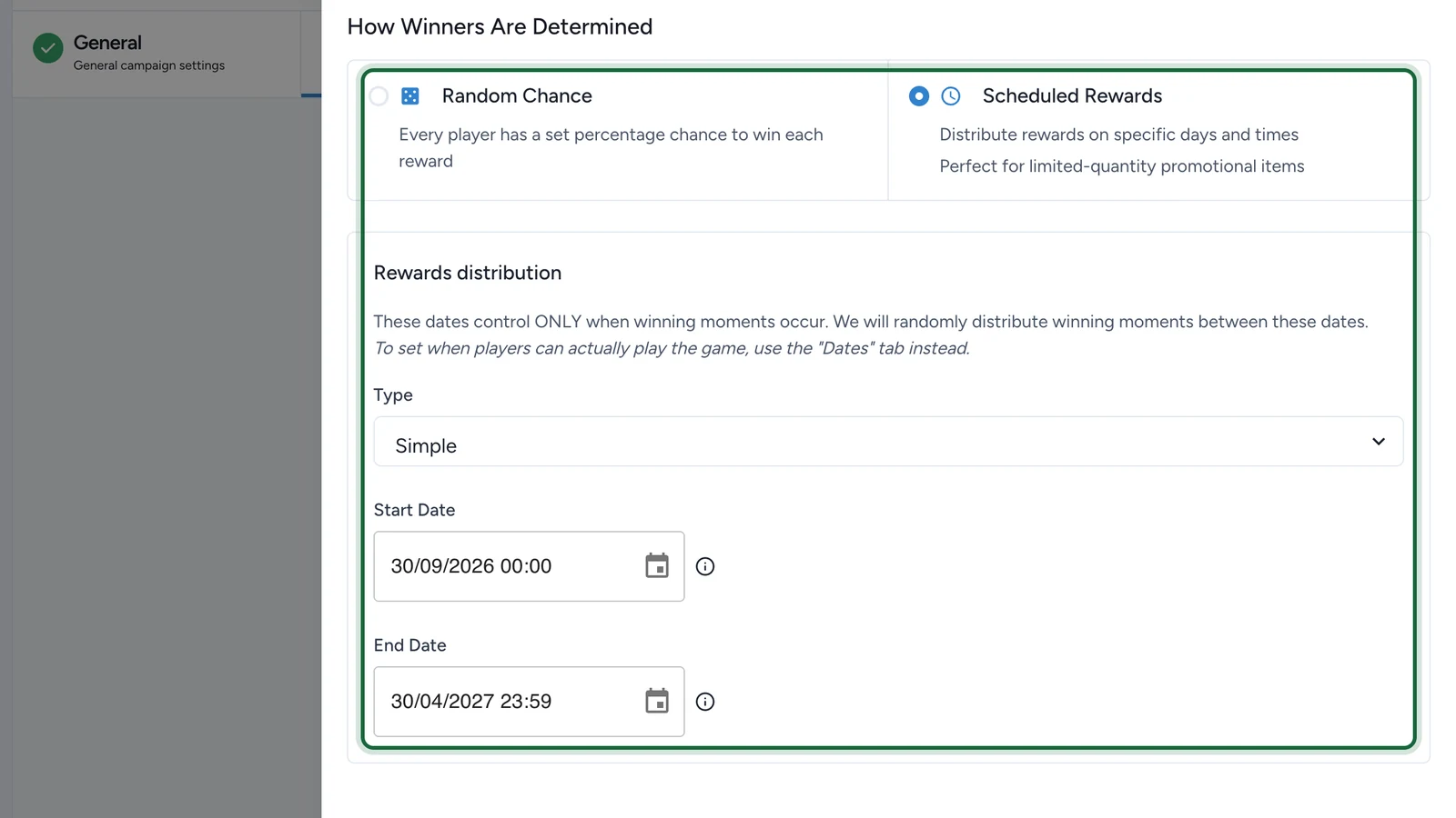 Scheduled Rewards selected, with the Rewards distribution panel, highlighted