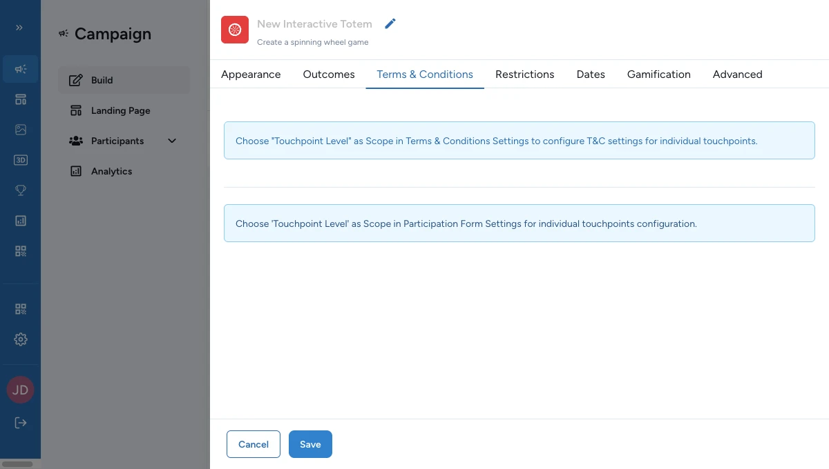 Paramètres des conditions générales avec la portée Touchpoint Level sélectionnée