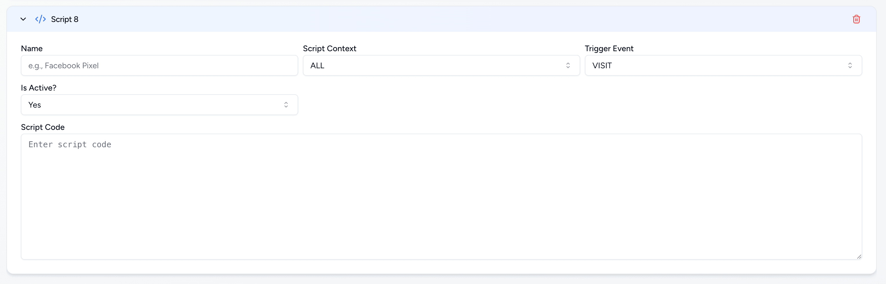 Script editor showing name, context, trigger, active flag, and code area