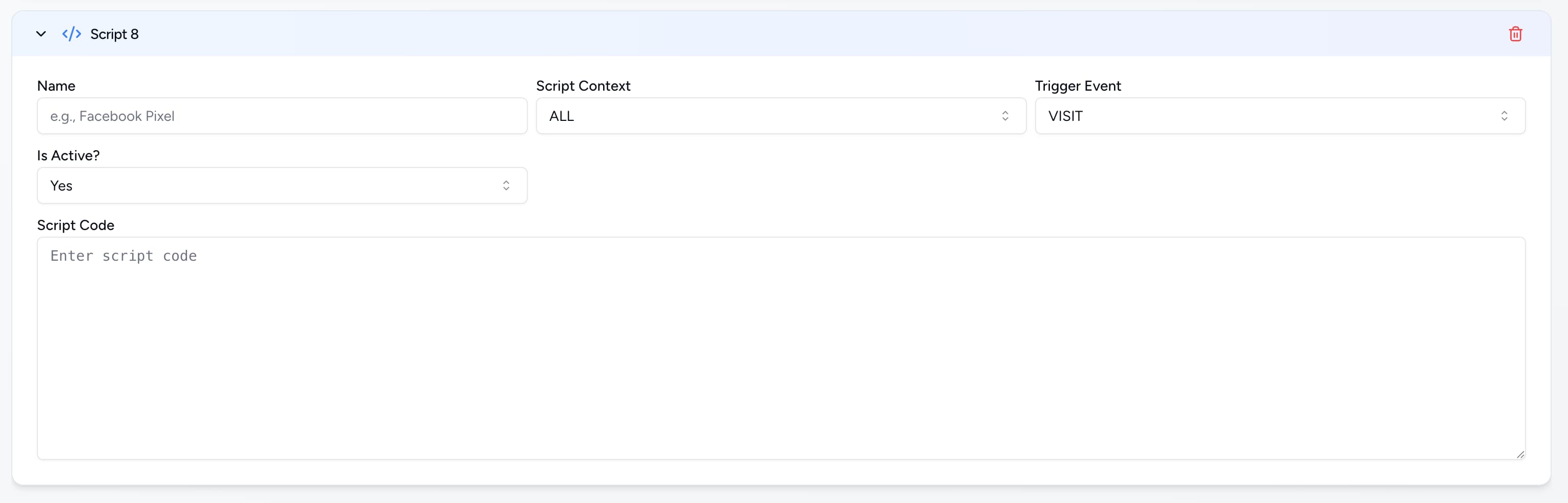 Script editor showing name, context, trigger, active flag, and code area