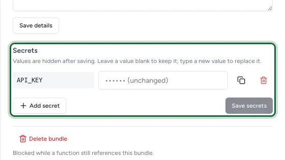 Secret bundle panel with a stored secret shown as a masked value