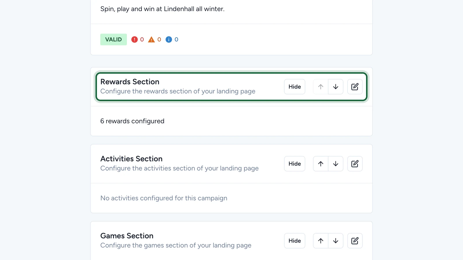 Rewards Section with its Hide button, move arrows and edit button, above the Activities and Games sections