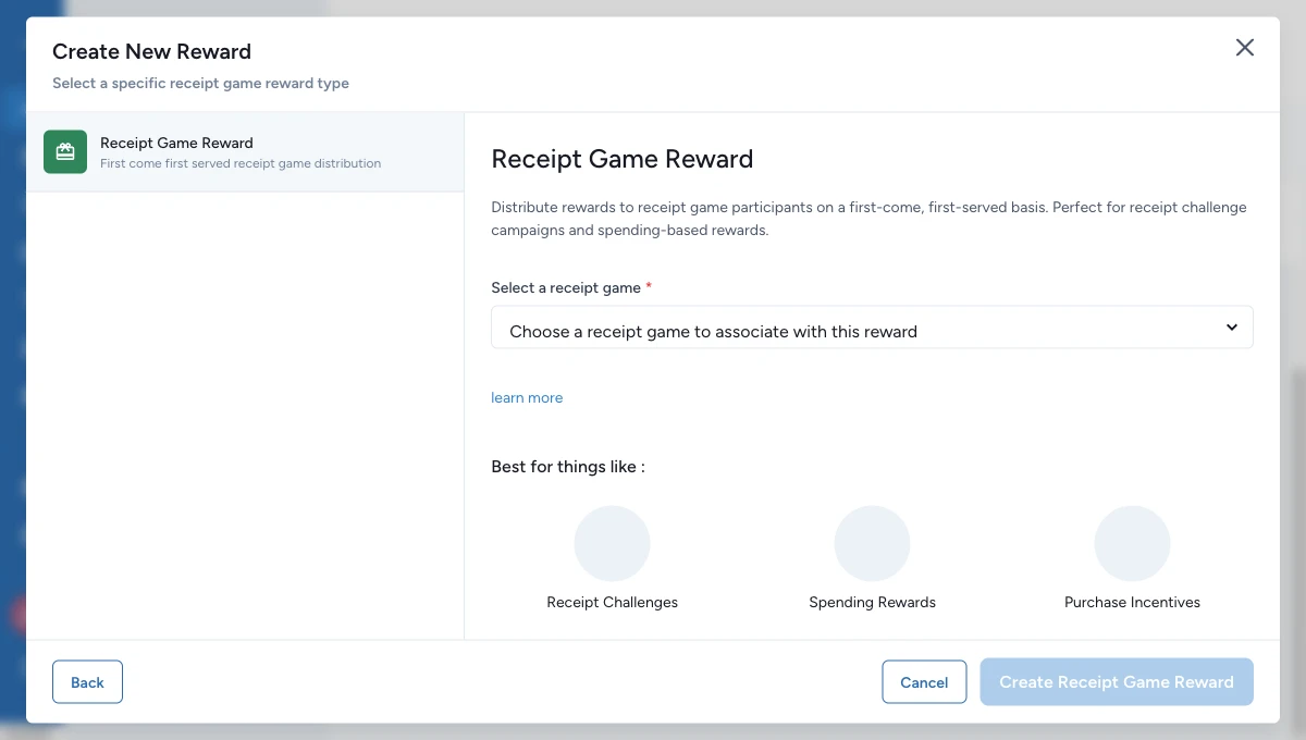 Receipt Game Reward creation with the receipt game selector