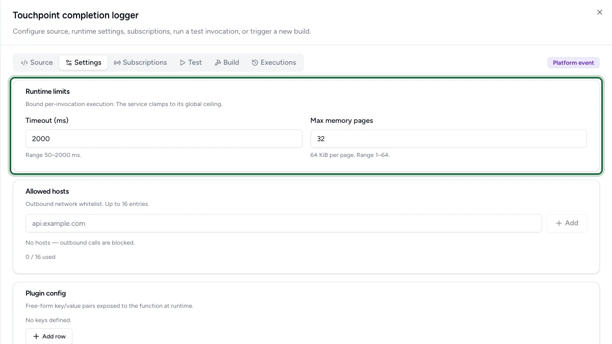 Settings tab showing runtime limits, the allowed hosts allow-list and plugin config