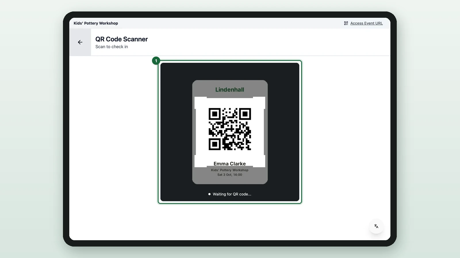 QR Code Scanner with a ticket in the camera picture, highlighted on a tablet