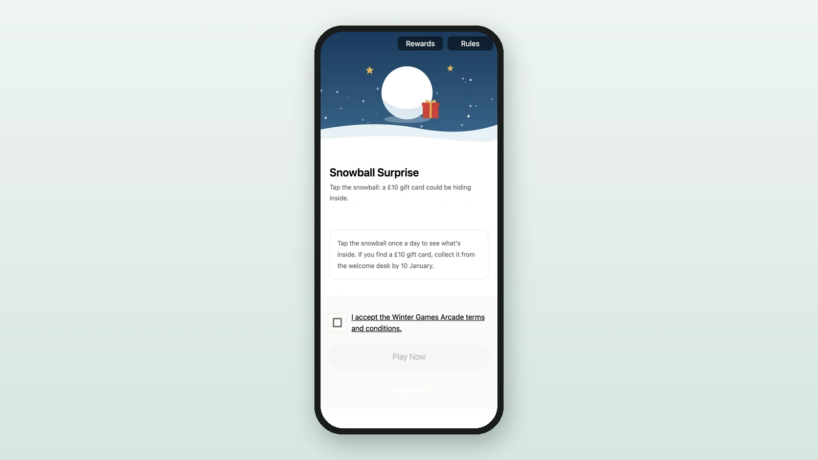 The Snowball Surprise on a phone: the snowball banner, title, subtitle, description and Play Now