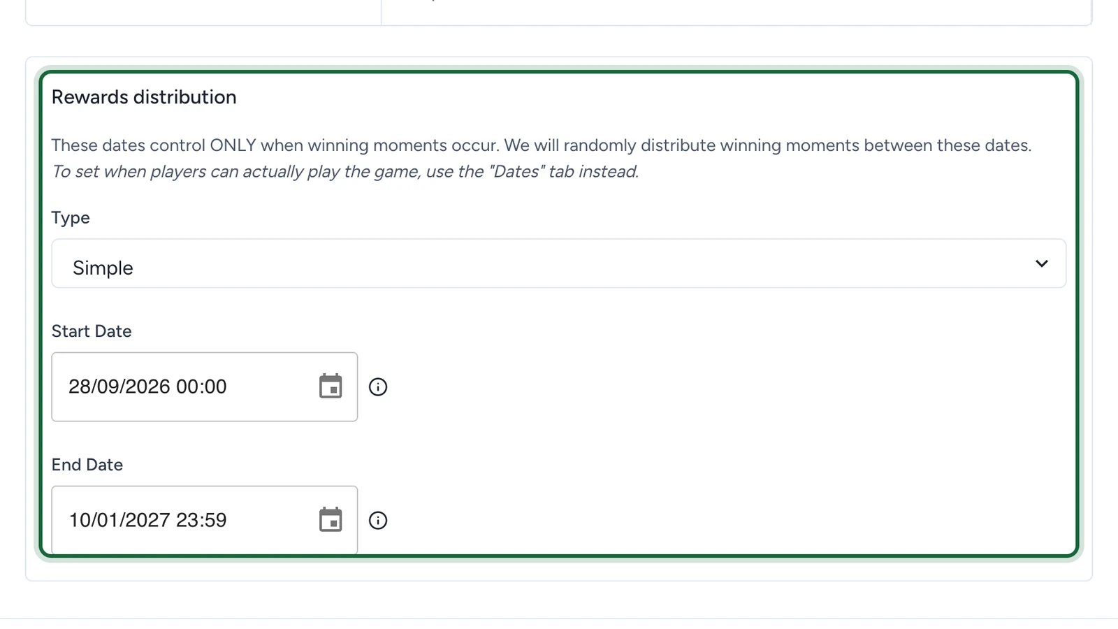Rewards distribution with the Type Simple, a Start Date and an End Date, highlighted