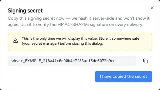 Boîte de dialogue du secret de signature avertissant que la valeur n'est affichée qu'une fois, avec un bouton de copie