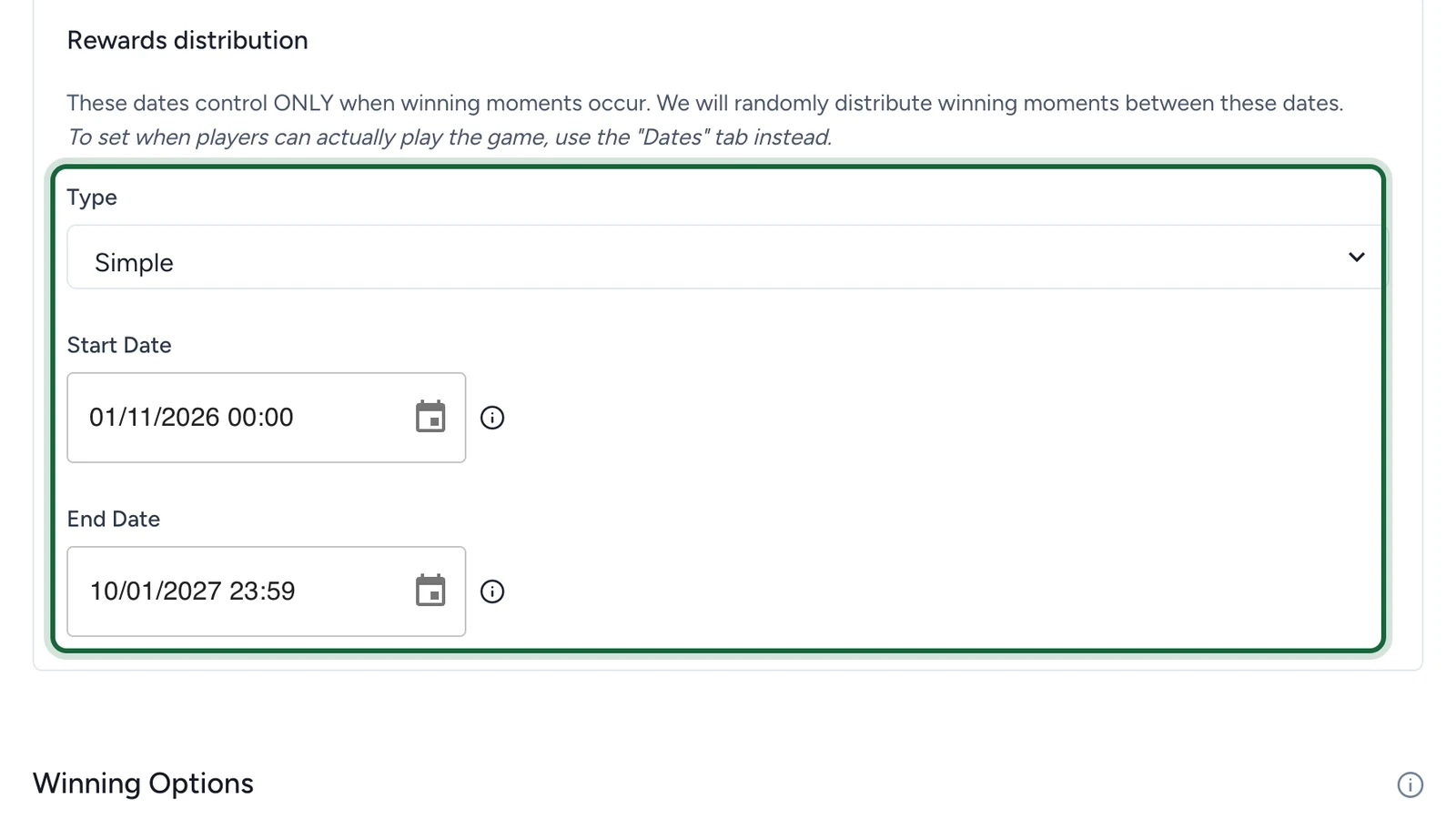 Rewards distribution with Type Simple, Start Date and End Date, highlighted