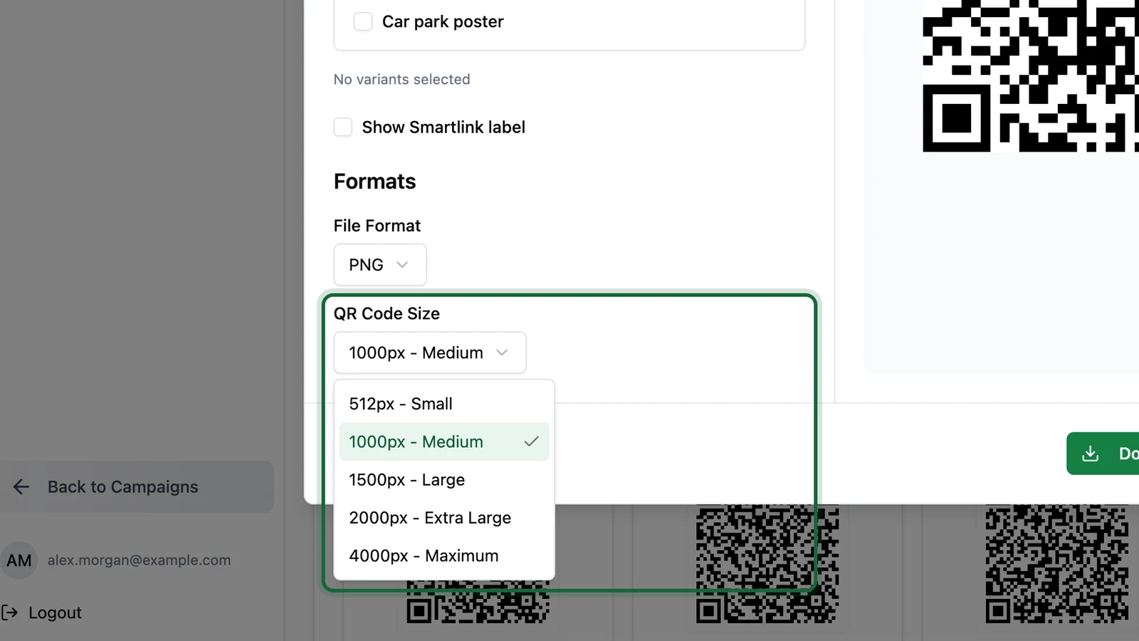 QR Code Size list from 512px - Small to 4000px - Maximum