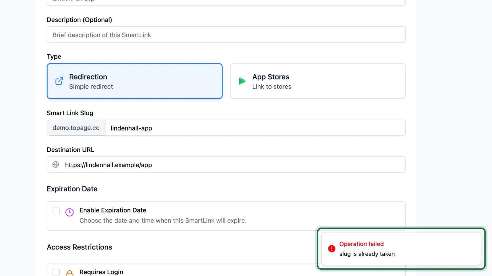Configure Smart Link with the message Operation failed, slug is already taken