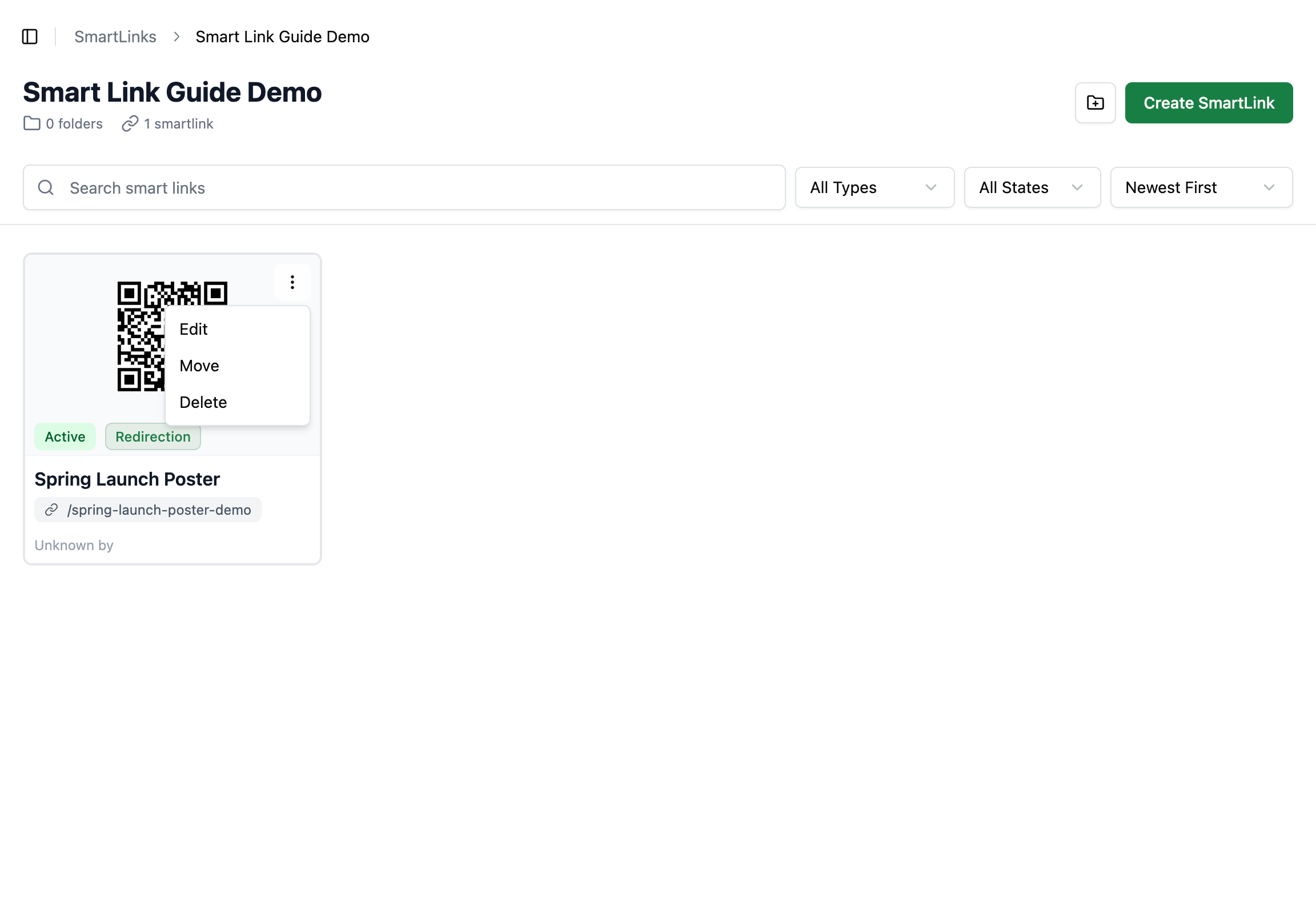 Carte OmniLab Smart Link avec le menu d'actions ouvert (Edit, Move, Delete)