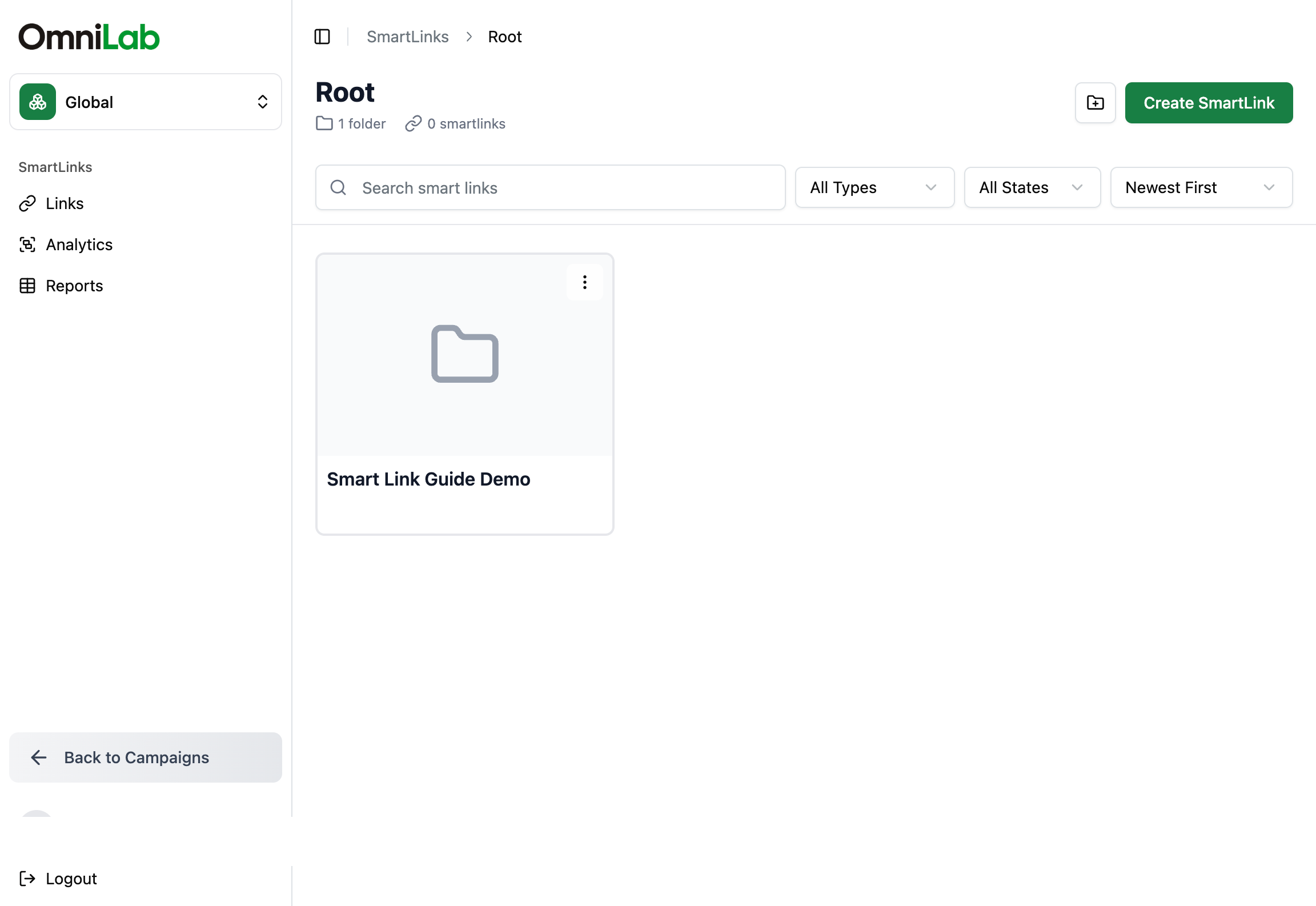 OmniLab Smart Links' Links view with folders, search, and the Create SmartLink button