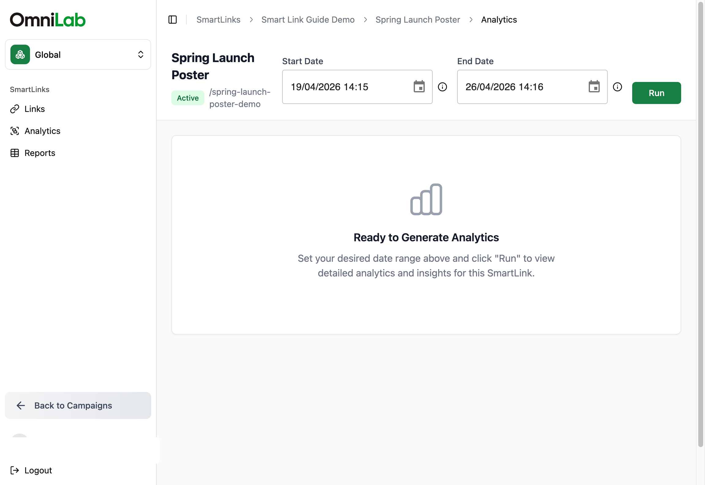 Per-link OmniLab Smart Link Analytics with Start Date, End Date, and Run before charts load
