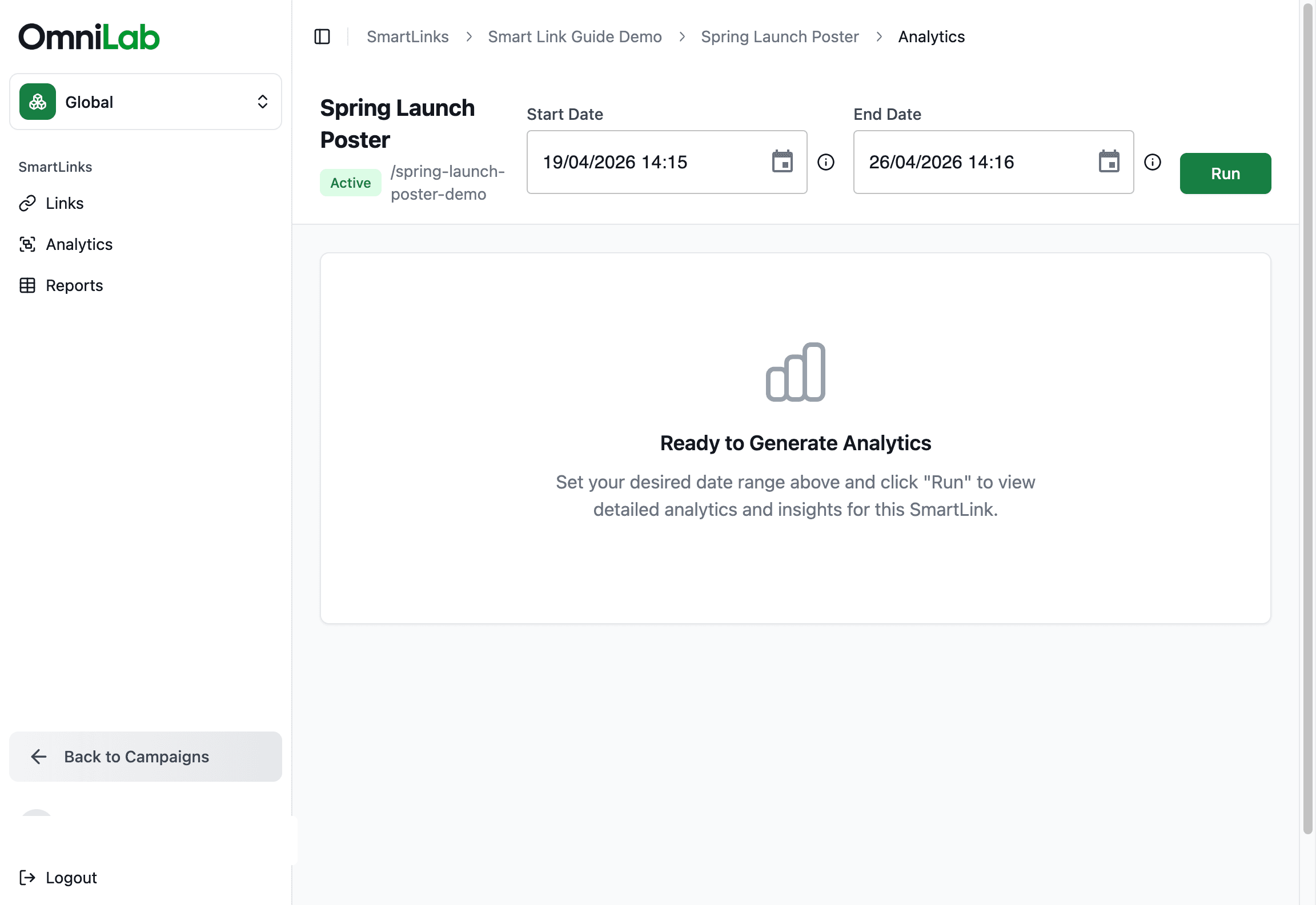 Per-link Smart Link Analytics with Start Date, End Date, and Run before charts load