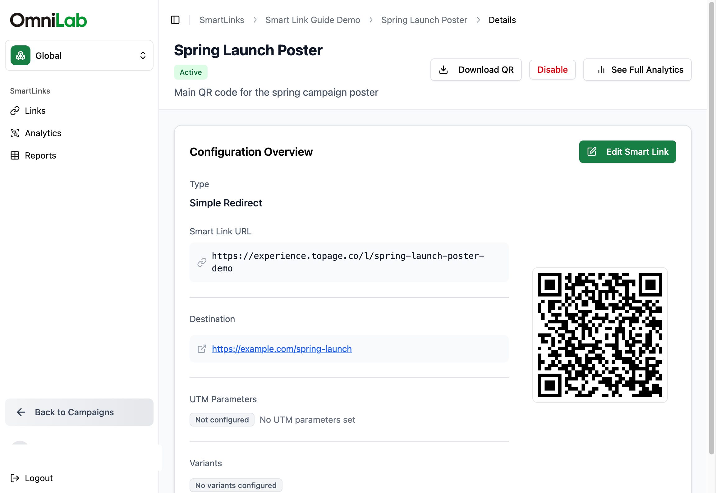 OmniLab Smart Link details with the public URL, destination, and status