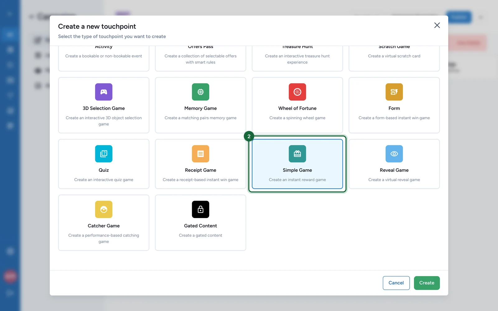 Create a new touchpoint window with the Simple Game tile highlighted