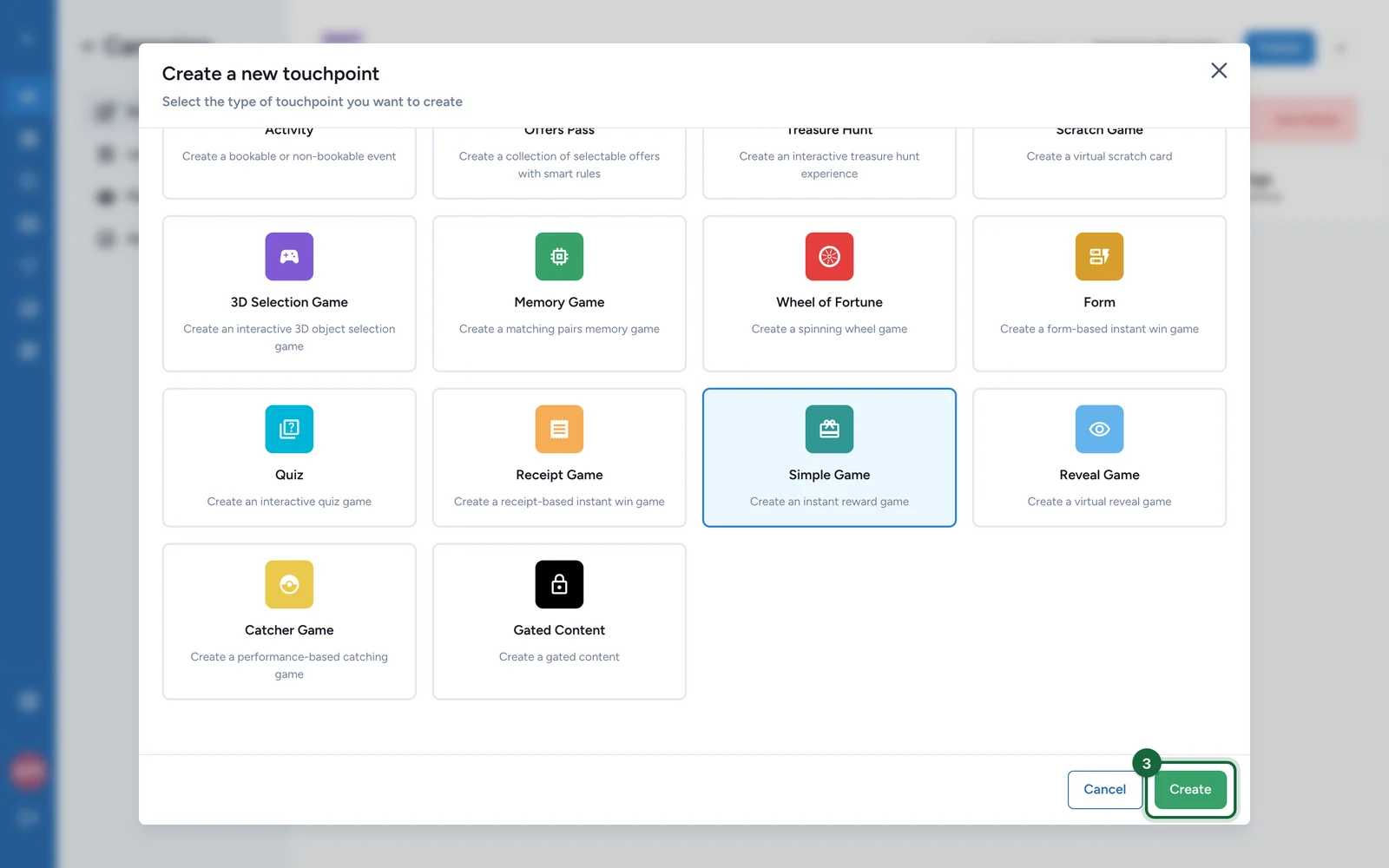 Create a new touchpoint window with the Create button highlighted