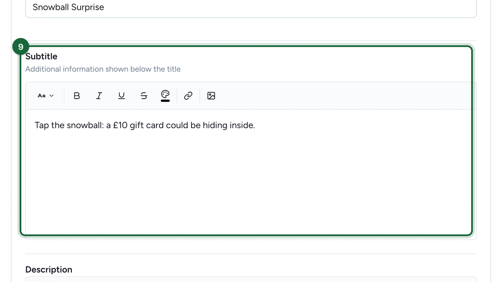 Subtitle about the £10 gift card hiding in the snowball, highlighted