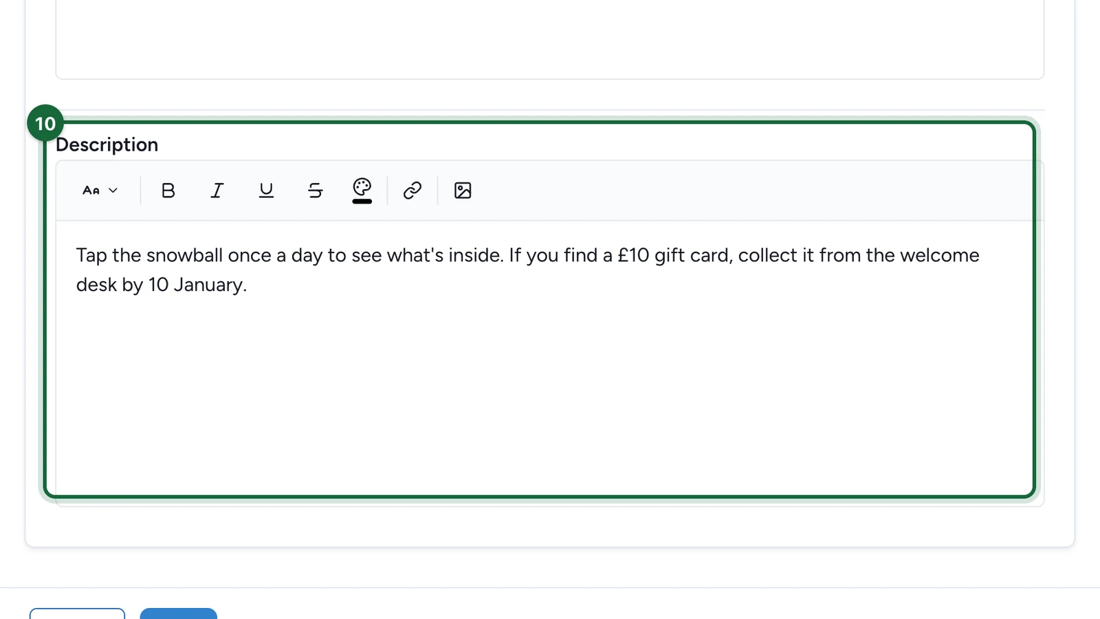 Description saying one tap a day and the welcome desk by 10 January, highlighted