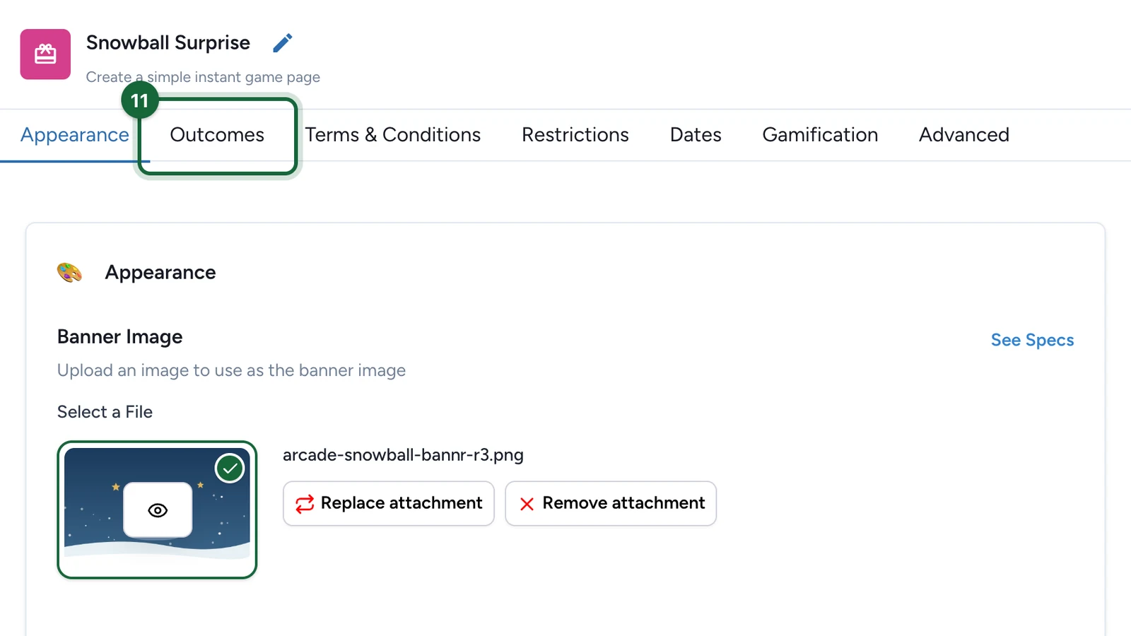 Snowball Surprise settings with the Outcomes tab highlighted