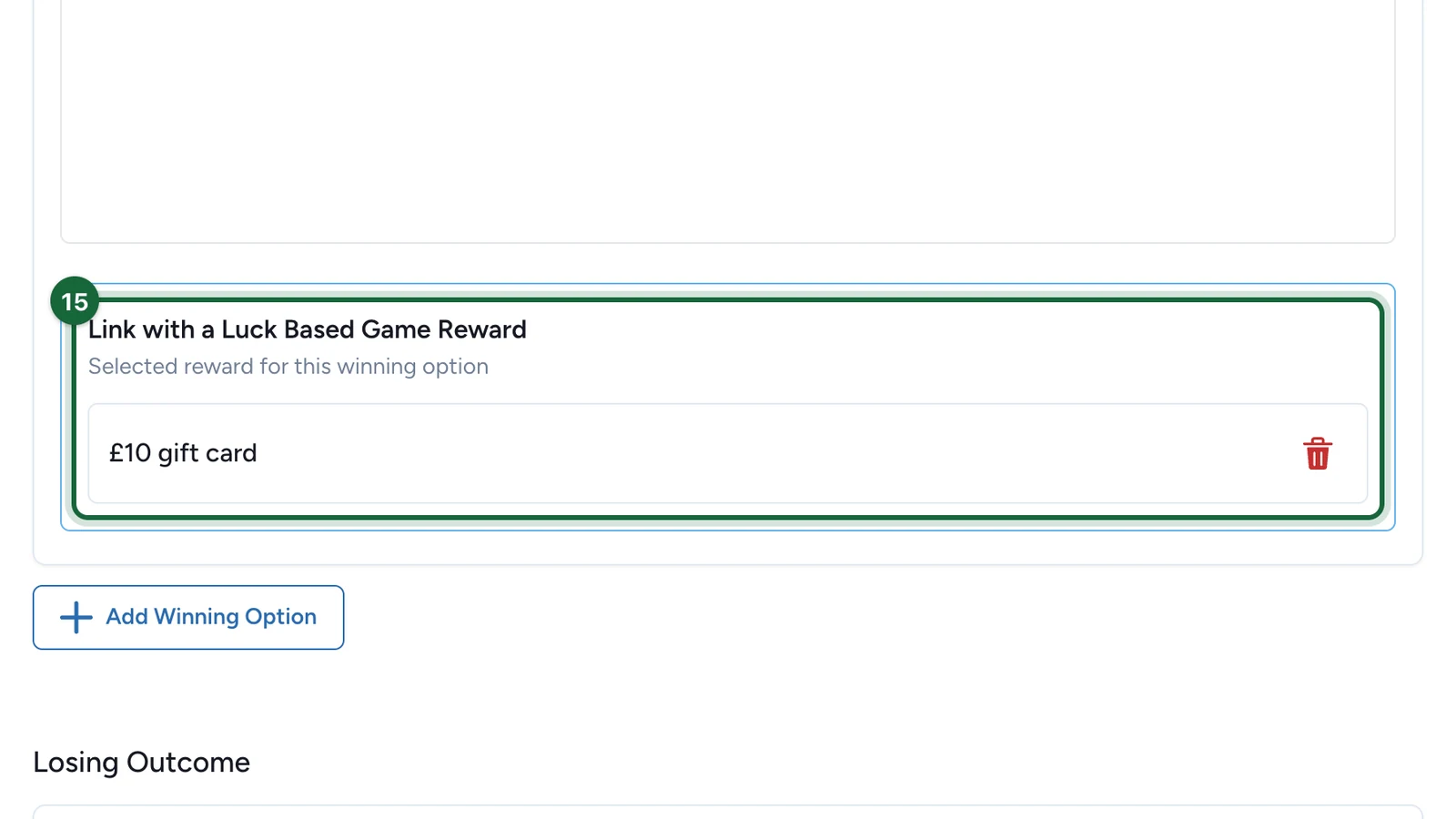 Link with a Luck Based Game Reward showing the £10 gift card, highlighted