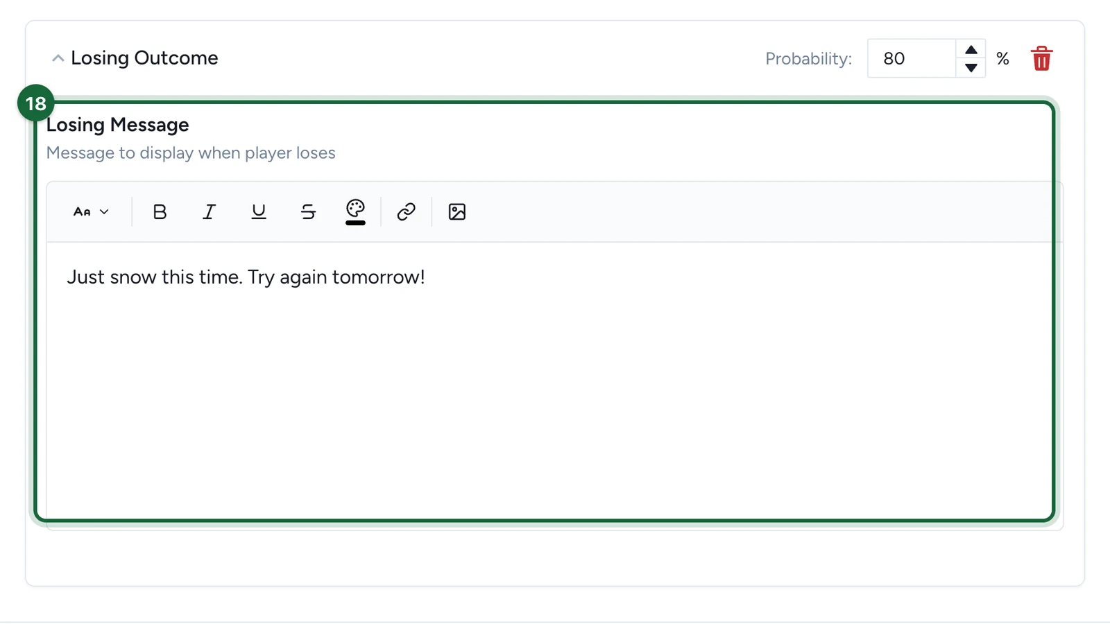 Losing Message Just snow this time. Try again tomorrow!, highlighted