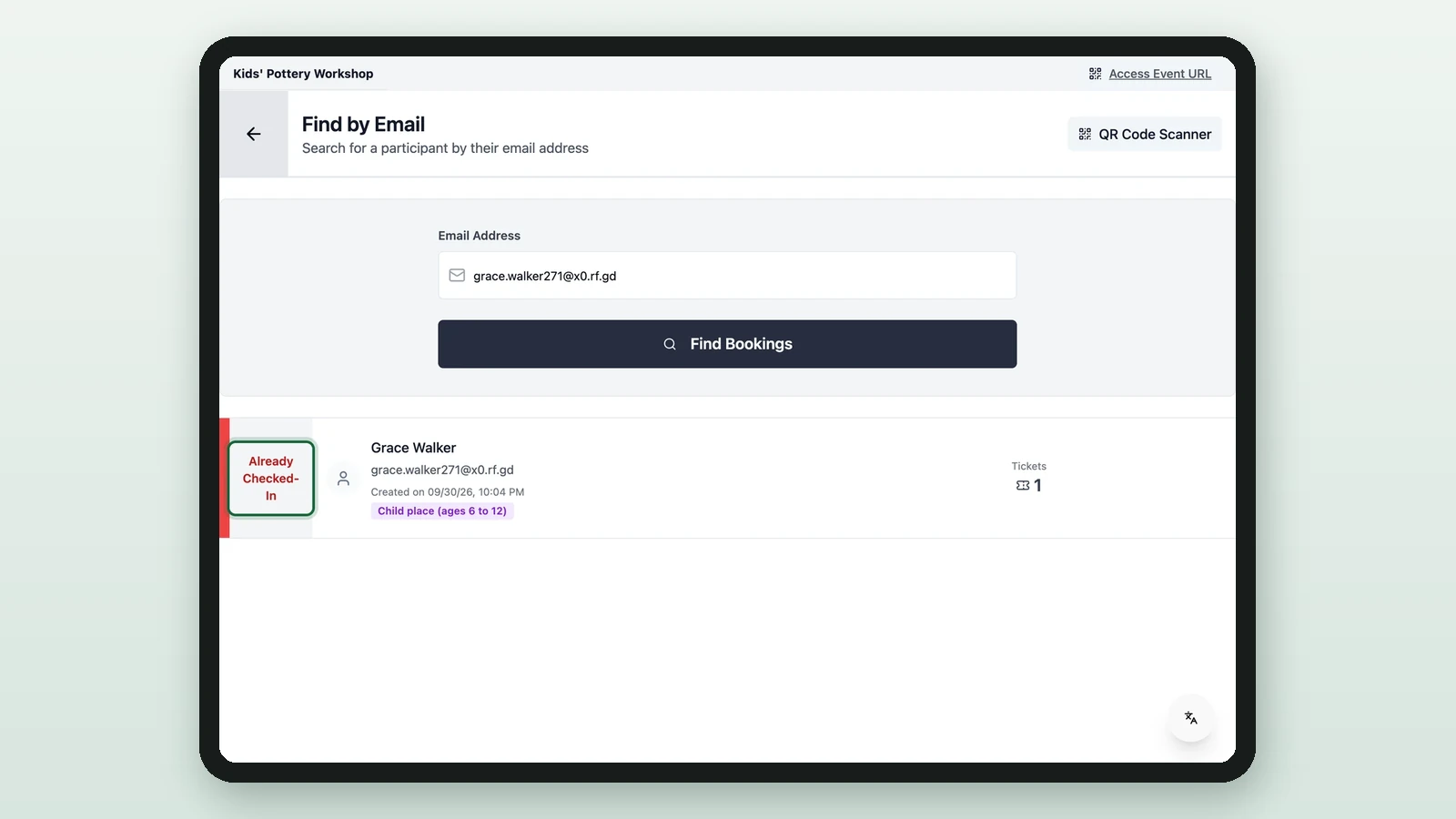 A booking marked Already Checked-In, highlighted on a tablet