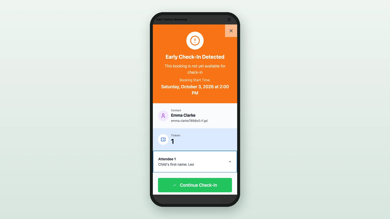 Early Check-In Detected window with the booking's start time and Continue Check-In on a phone