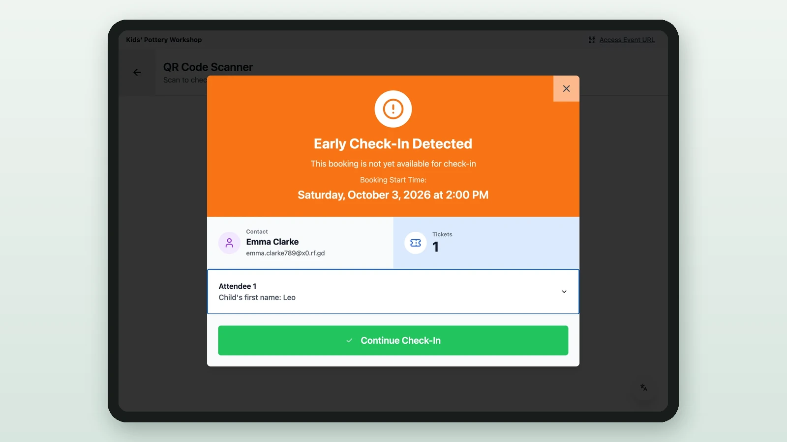 Early Check-In Detected window with the booking's start time and Continue Check-In on a tablet