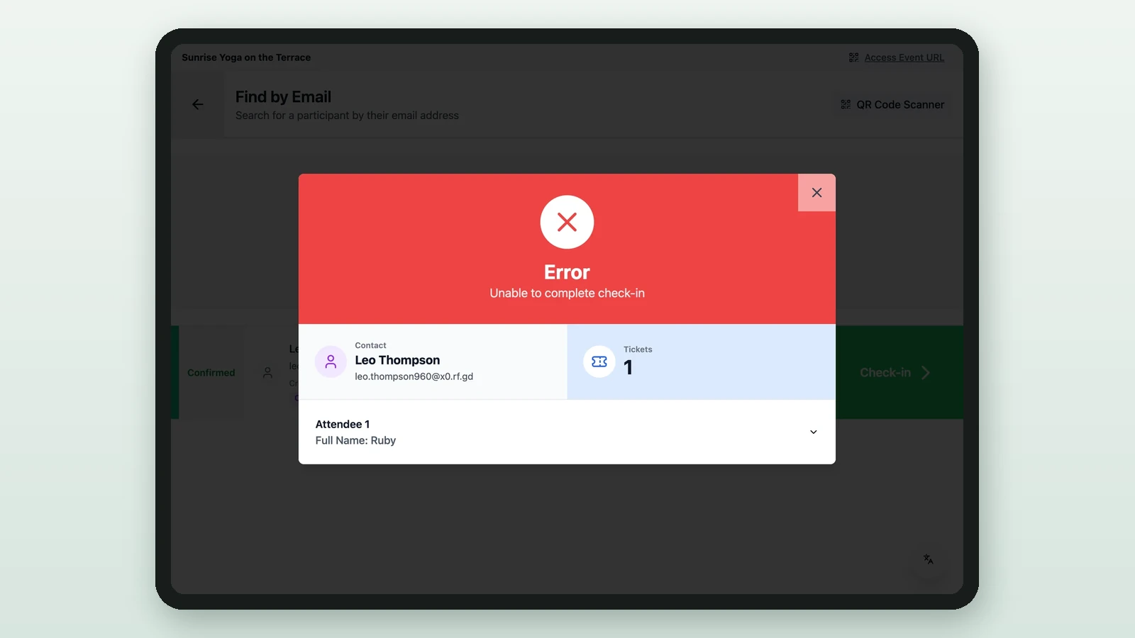 Error window reading Unable to complete check-in on a tablet