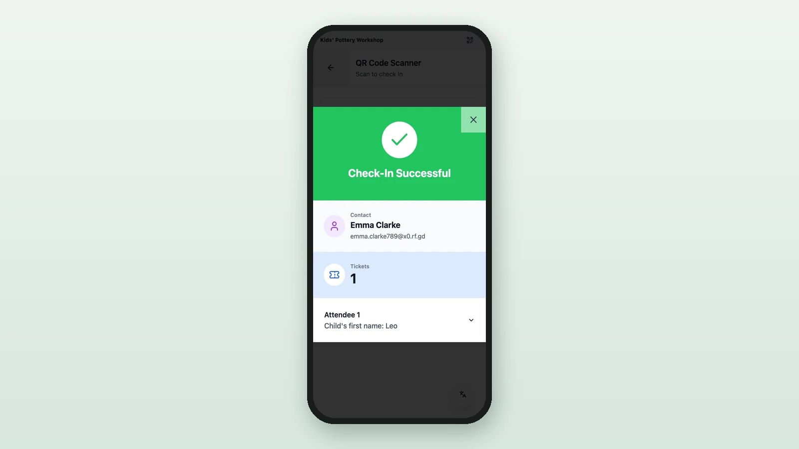 Check-In Successful window on a phone