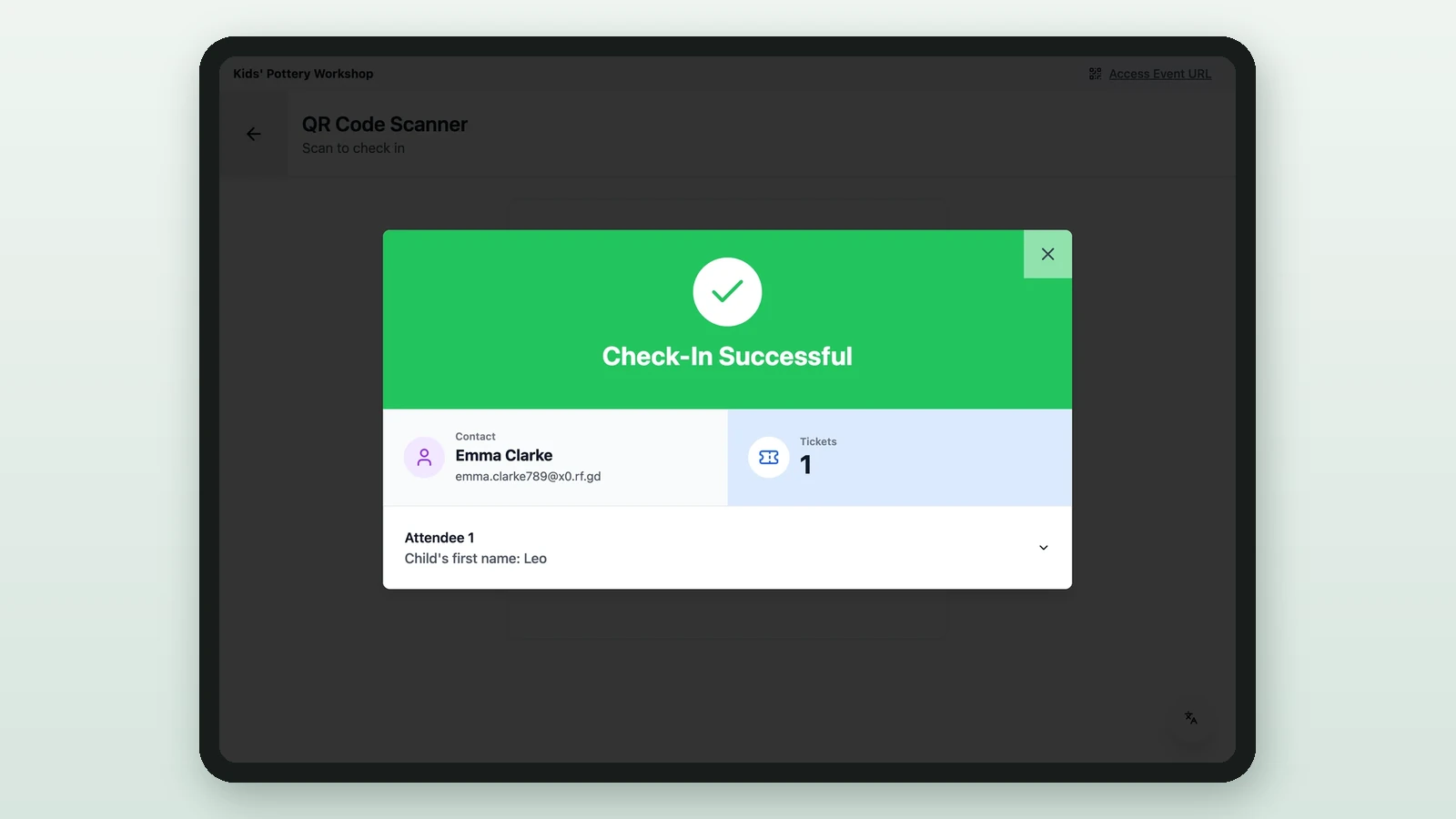 Check-In Successful window on a tablet