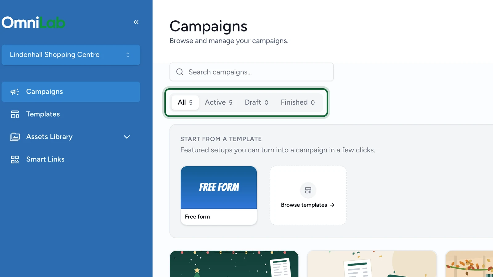 Campaigns page with the All, Active, Draft and Finished tabs