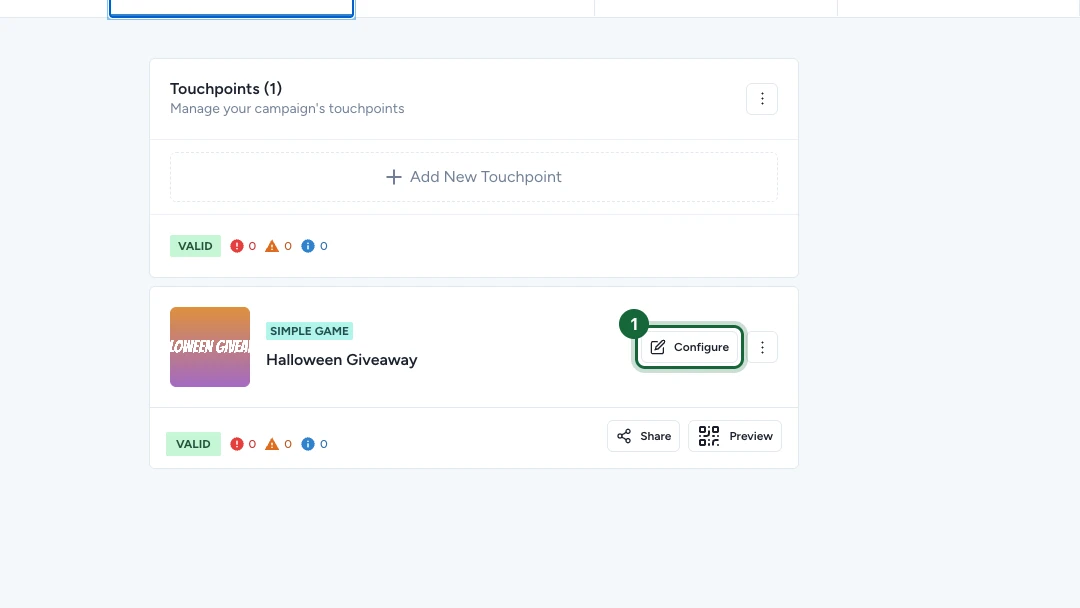 Onglet Touchpoints avec le bouton Configure d'une carte de touchpoint mis en évidence